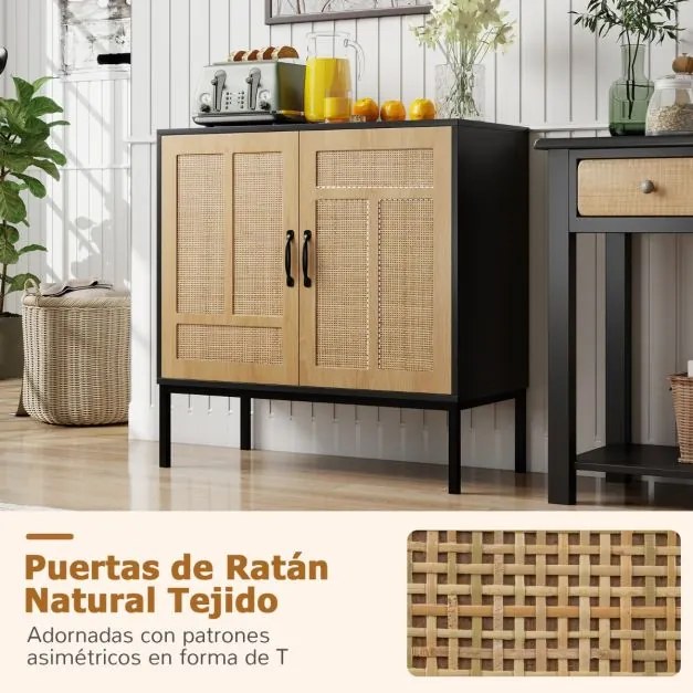 Aparador 80 x 38 x 81 cm com 2 portas em rattan natural, prateleira ajustável em 3 posições, pés metálicos preto.