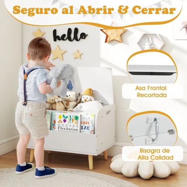 Estante organizadora de brinquedos em madeira 60 x 40 x 43 cm com tampa rebatível e dobradiça de segurança branca