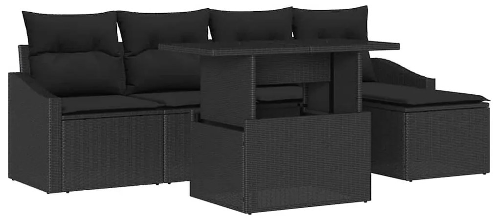 Conjunto de Sofá de Jardim de 6 Peças com Almofadas Pretas em Polyratt