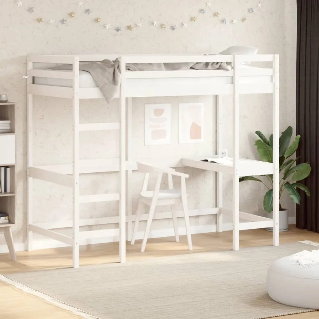 Cama alta com secretária 90x190 cm pinho maciço branco