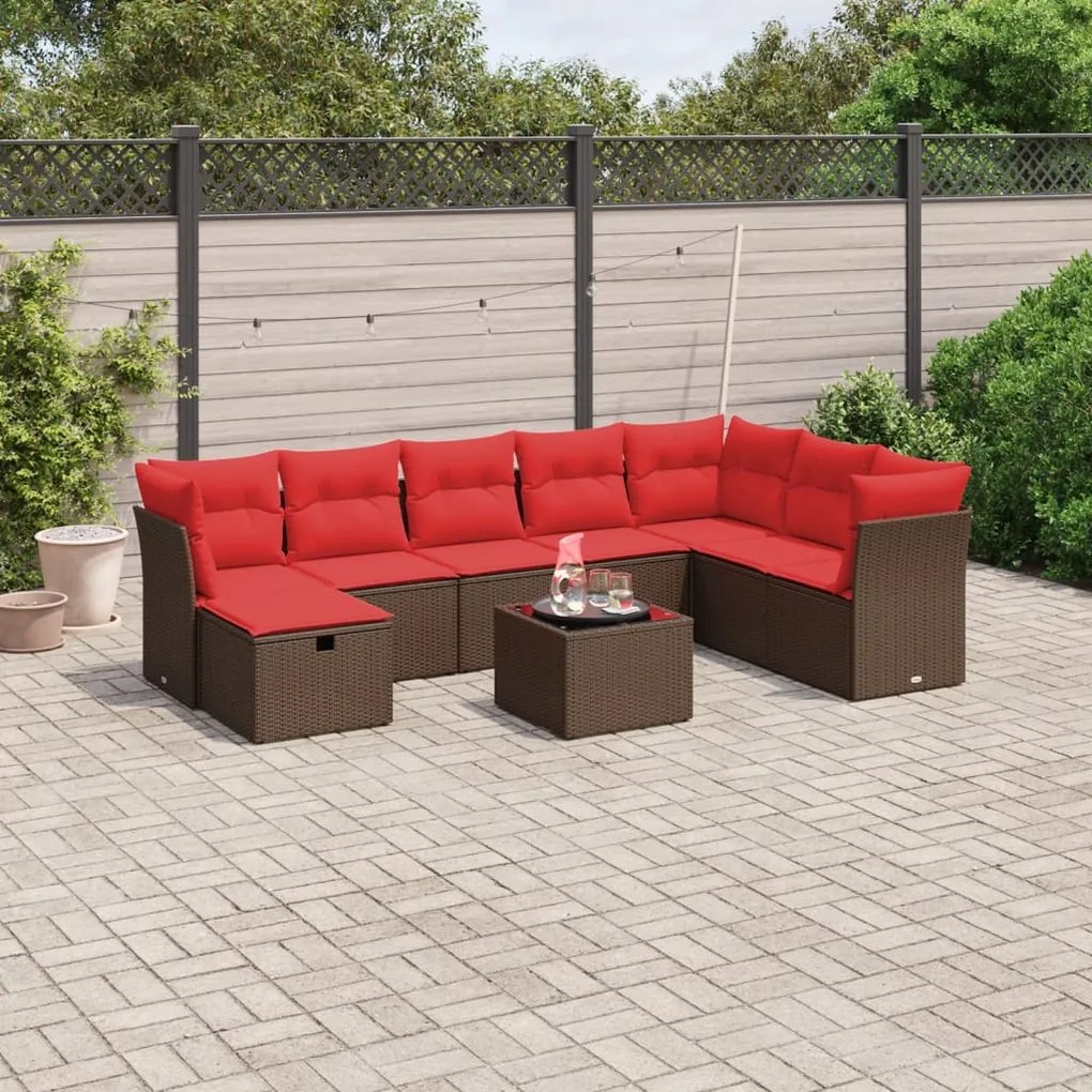 vidaXL 9 pcs conjunto sofás p/ jardim c/ almofadões vime PE castanho