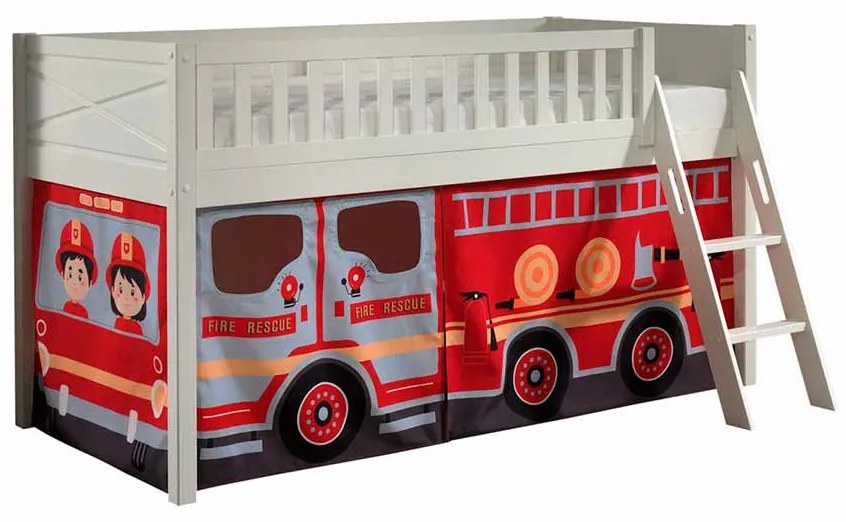 Conjunto cama alta Infantil SCOTT + cortina de brincar BOMBEIROS Branca