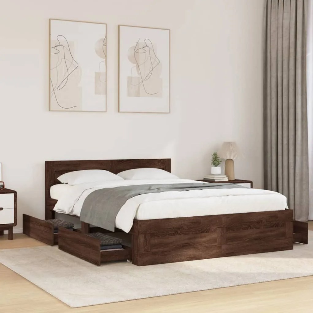 vidaXL Estrutura cama c/ cabeceira derivados madeira carvalho castanho