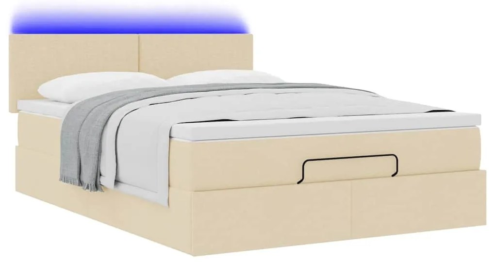 Cama Otomana com Colchão &amp; LEDs Creme 140x200 cm Tecido
