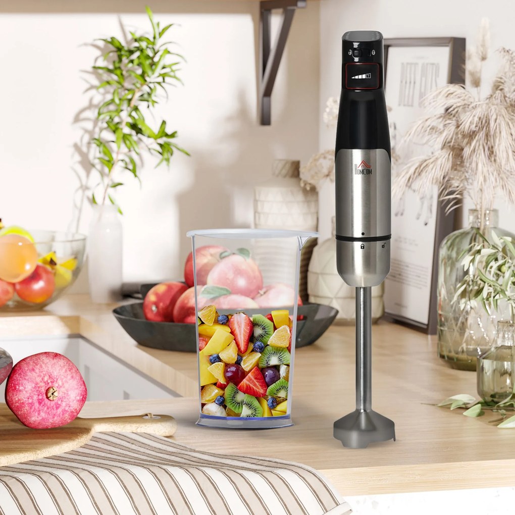 Varinha Mágica 1000W 4 em 1 com Velocidades Ajustáveis 2 Lâminas de Aço Inoxidável Picador 500ml Copo Medidor 800ml e Batedeira 10x6,5x41cm Preto