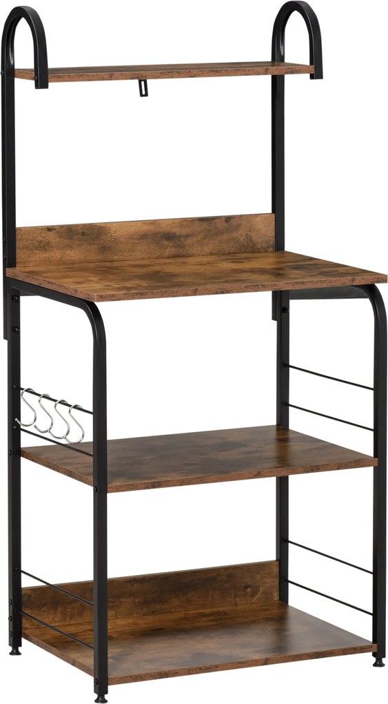 Estante de Cozinha Estante para Microondas com 4 Níveis Ganchos e Pés Ajustáveis Estante de Armazenamento 60x40x125 cm Castanho Rústico