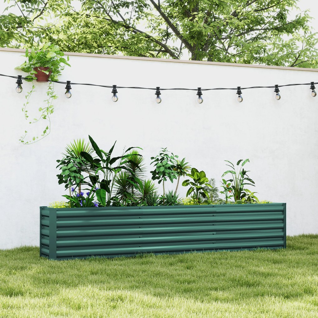 Floreira de horta elevada em aço galvanizado 240 x 40 x 45 cm, com barras de suporte e placas de canto, fundo aberto, verde