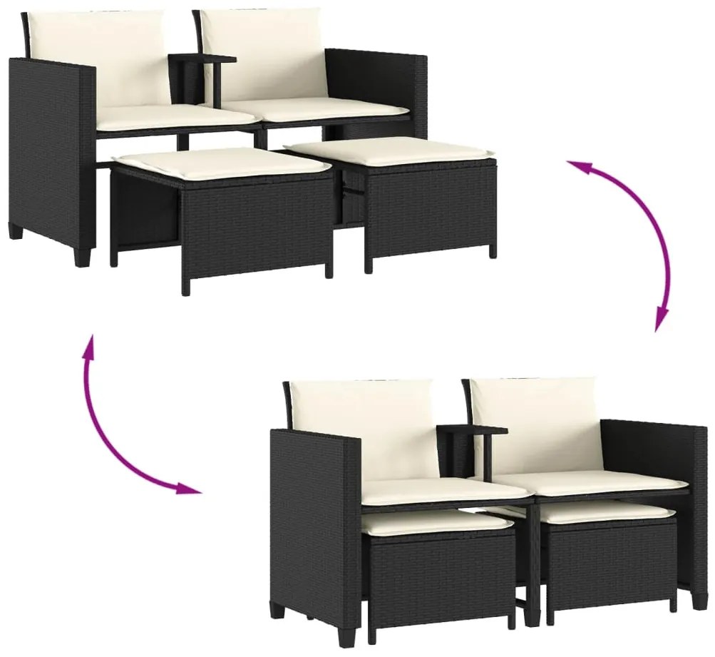Sofá de jardim de 2 lugares com mesa e bancos vime PE preto