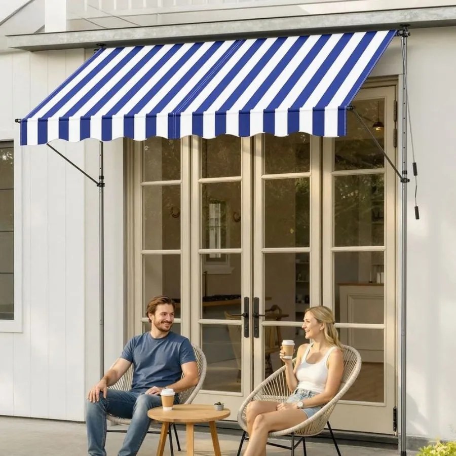 Toldo varanda 250 x 120 cm com manivela para proteção solar flexível, azul e branco