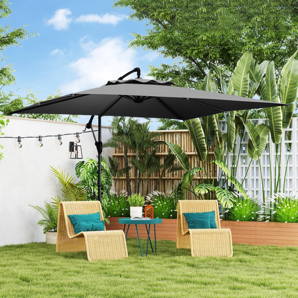 Guarda-sol de 3 x 3 m com manivela, base em cruz, inclinação e rotação de 360°, lona de 180 g/m² cinzento escuro