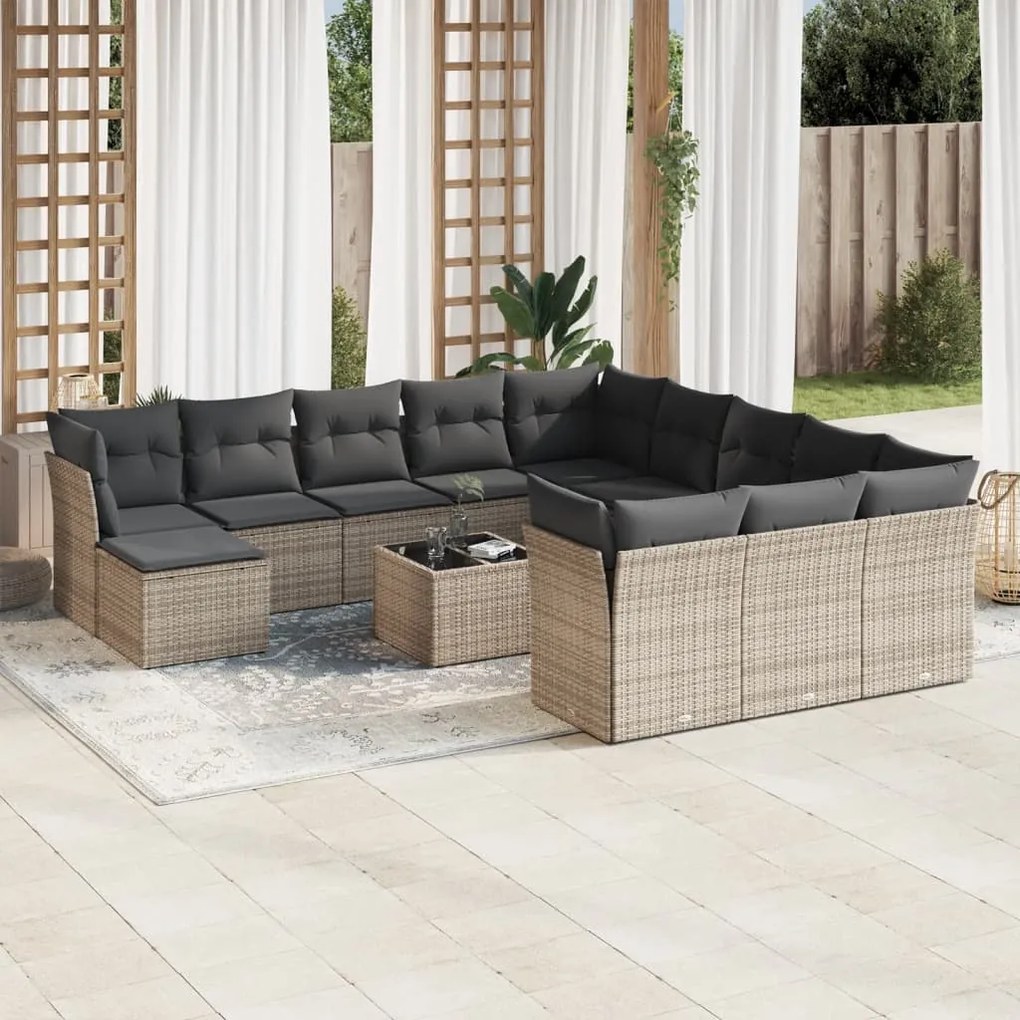 13 pcs conjunto sofás p/ jardim c/ almofadões vime PE cinzento