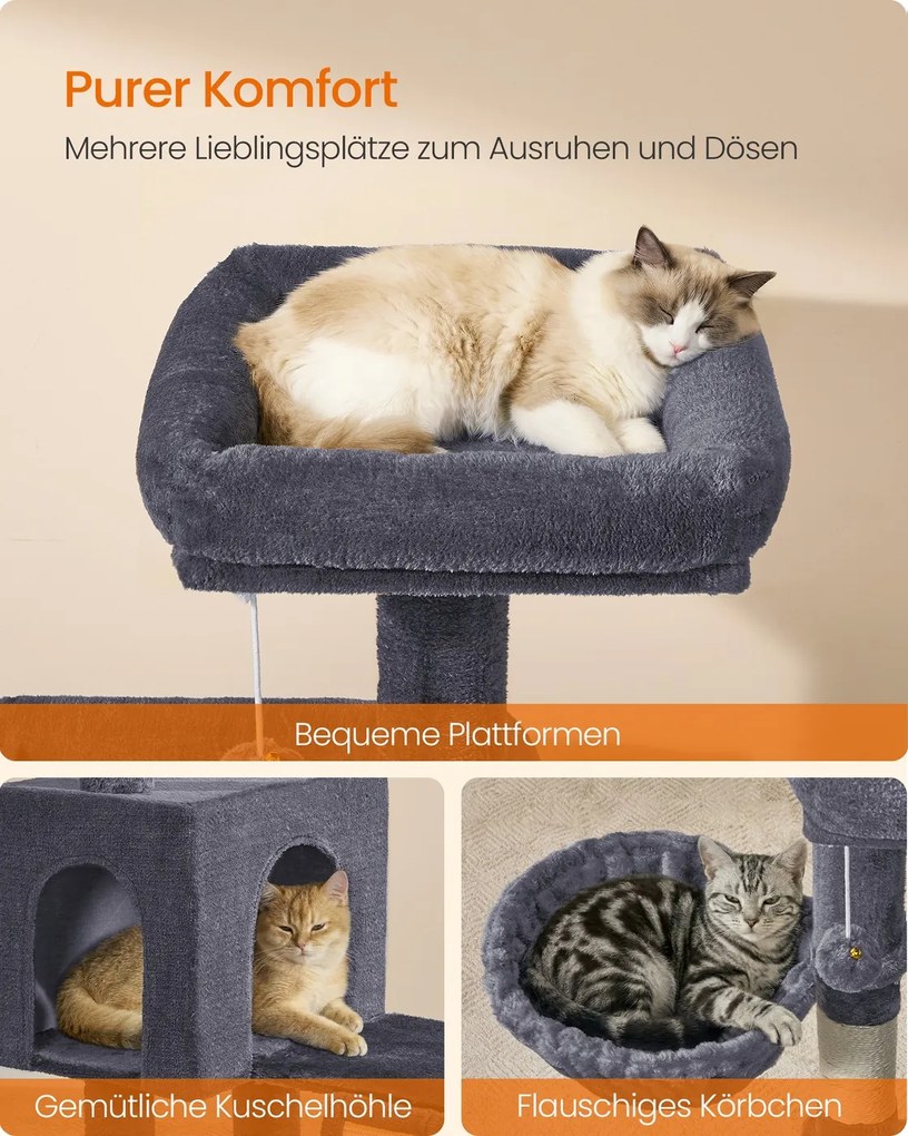 Arranhador para gatos 48 x 48 x 136 cm e com 3 plataformas, cinzento fumado