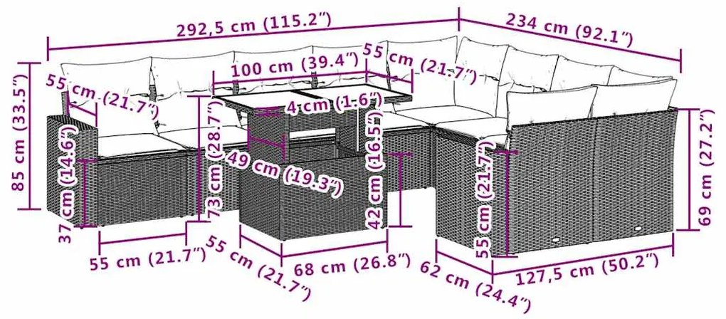 10 pcs conjunto de sofás p/ jardim com almofadões vime PE bege