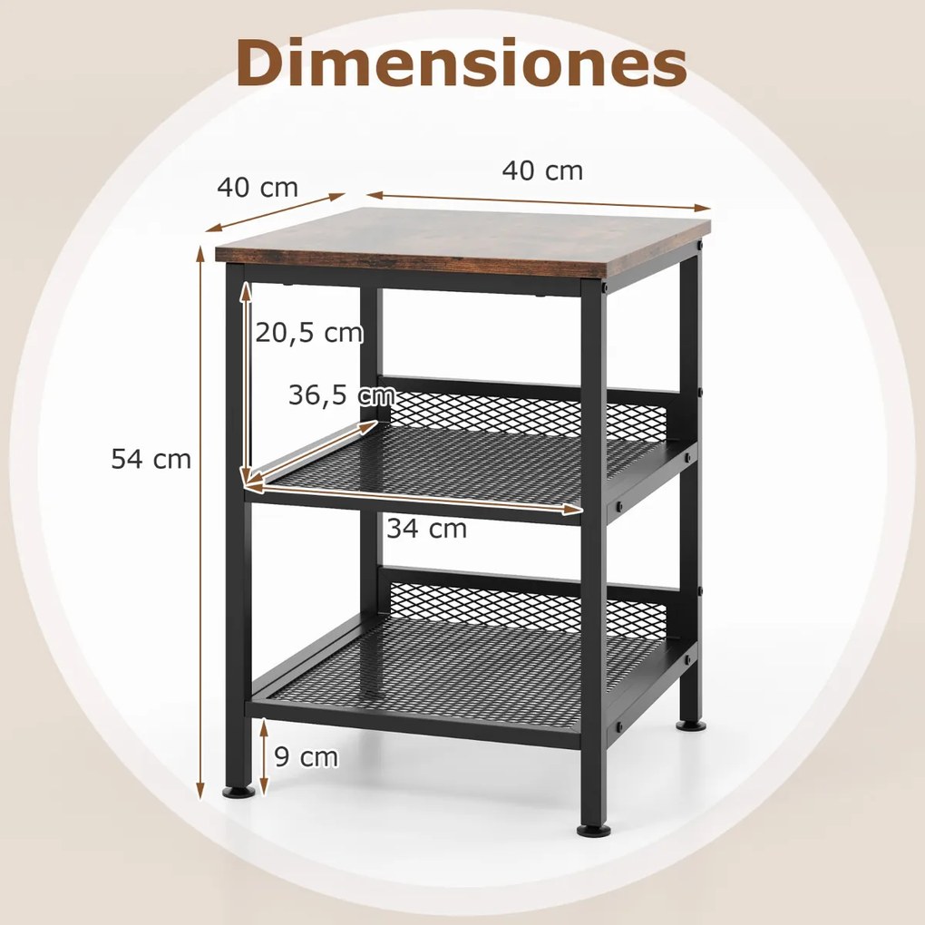 Mesa de apoio, mesa de cabeçeira de 3 níveis quadrada com duas estantes de rede para sala de estar Quarto 40 x 40 x 54 cm Castanho