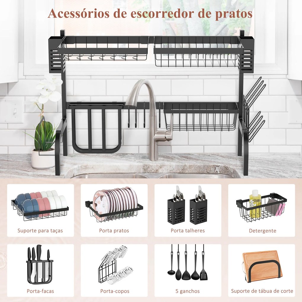 Escorredor de Louça de Aço de 2 Níveis com Suporte para Tábua Suporte para Talheres e 5 Ganchos 65x31,5x52,5cm Preto