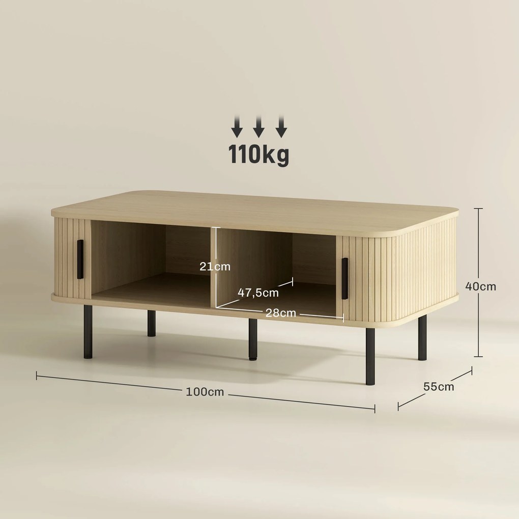 Mesa de Centro para Sala de Estar Mesa Auxiliar com 2 Portas de Correr 2 Compartimentos e Pés de Aço 100x55x40 cm Carvalho