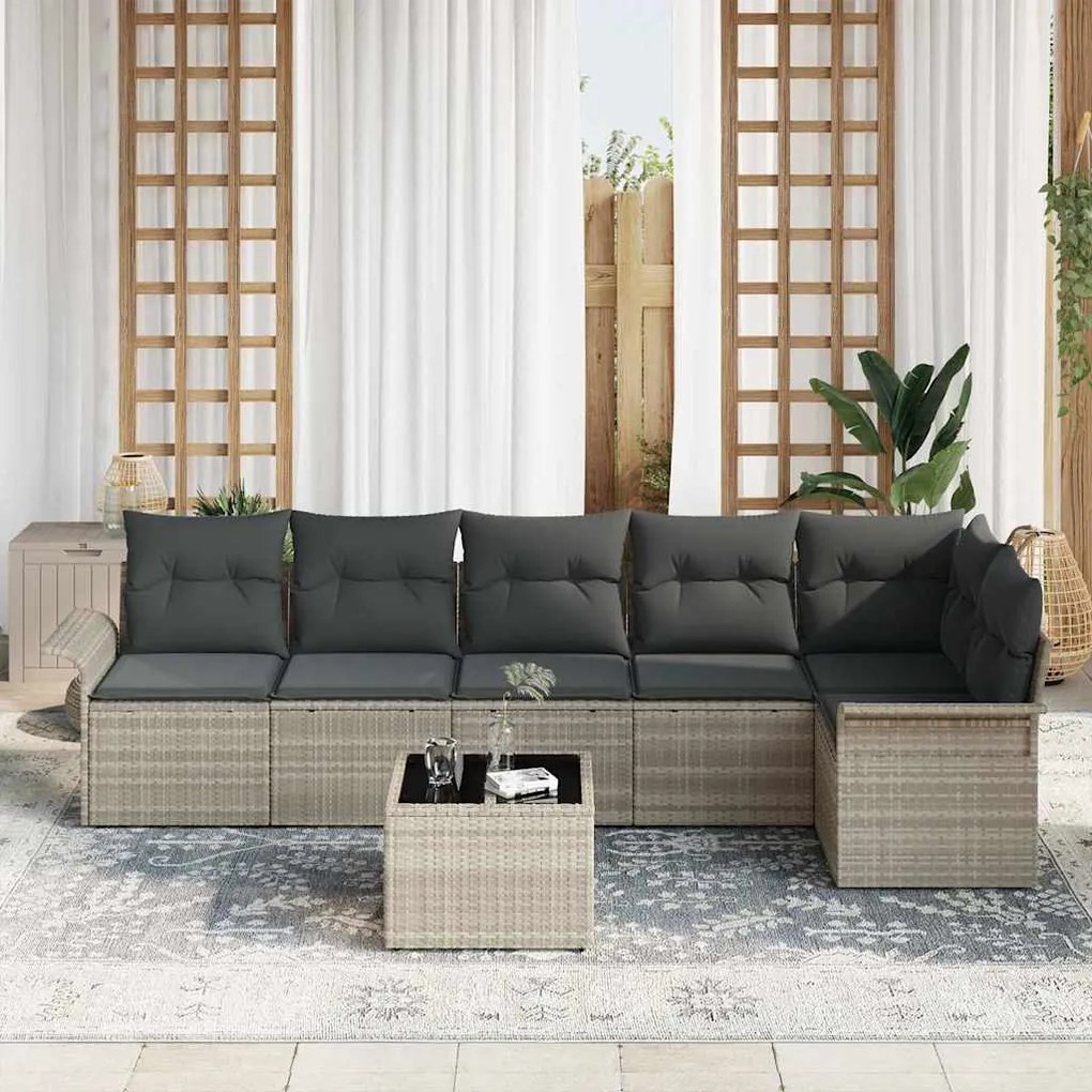 Conjunto de Sofá de Jardim de 7 Peças com Almofadas Cinza Rattan de Po
