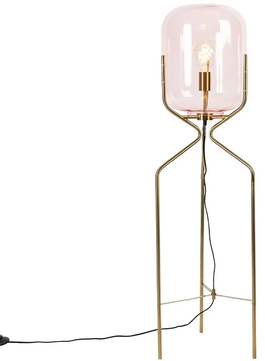 Candeeiro de pé Art Deco em latão com vidro rosa - Bliss Art Deco