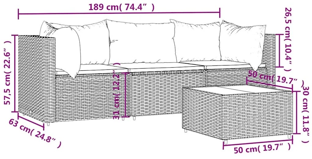 4 pcs conjunto lounge de jardim c/ almofadões vime PE cinzento