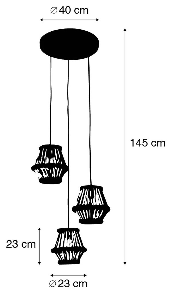 Candeeiro de suspensão oriental em bambu com 3 luzes redondas pretas - Evalin Oriental