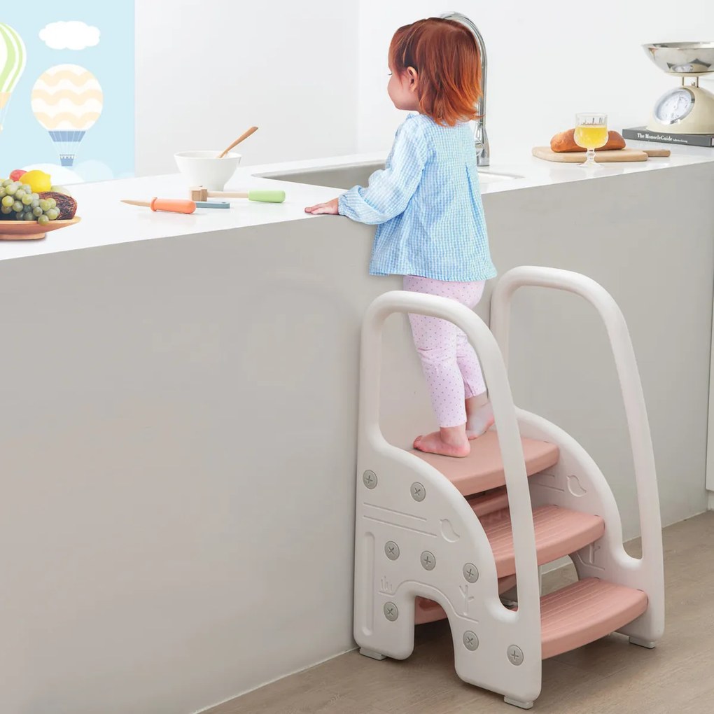 Banco de 3 degraus para crianças com alças de segurança Degraus antiderrapantes para cozinha e banheiro 43 x 42 x 70 cm Rosa