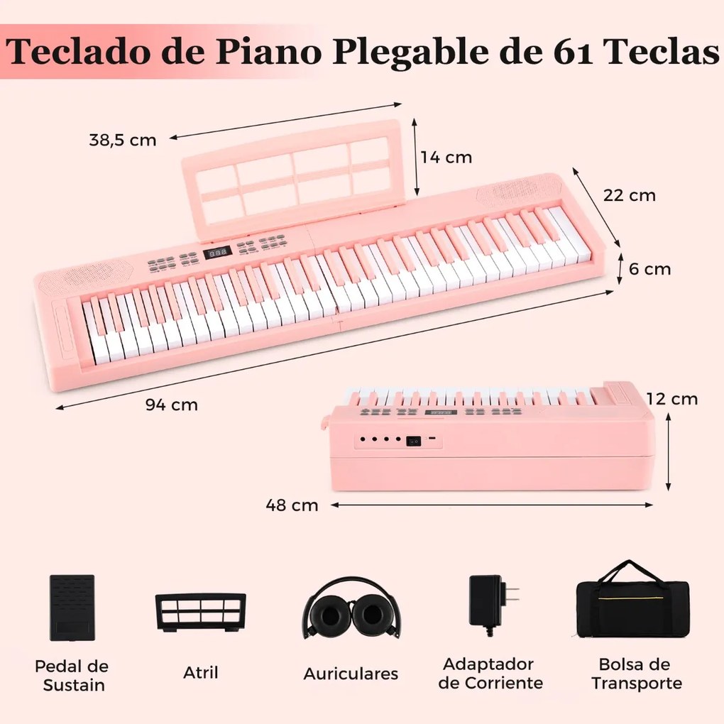 Teclado musical dobrável de 61 teclas, piano eletrónico com fones de ouvido e pedal portátil com bolsa para iniciantes Rosa