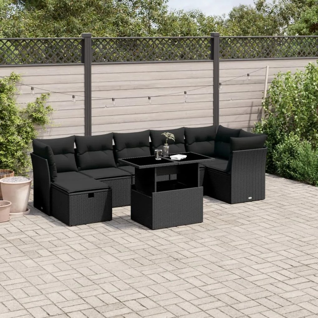 vidaXL 8 pcs conjunto sofás de jardim com almofadões vime PE preto