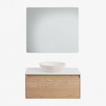 Conjunto De Móvel De Casa De Banho Em Madeira De Freixo Tedrik Castanho Fresno & Cimento Redondo Branco Ø40 Cm Zavion & Led - Sklum