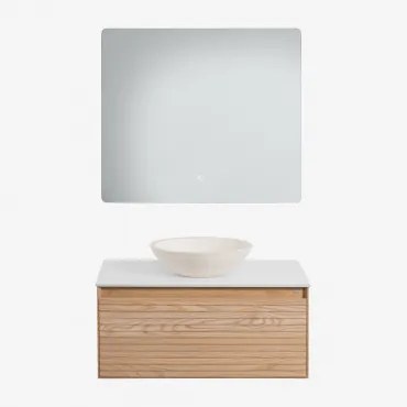 Conjunto De Móvel De Casa De Banho Suspenso 80x50 Cm Em Madeira De Freixo Tedrik Castanho Fresno & Cimento Redondo Branco Ø40 Cm Zavion - Sklum