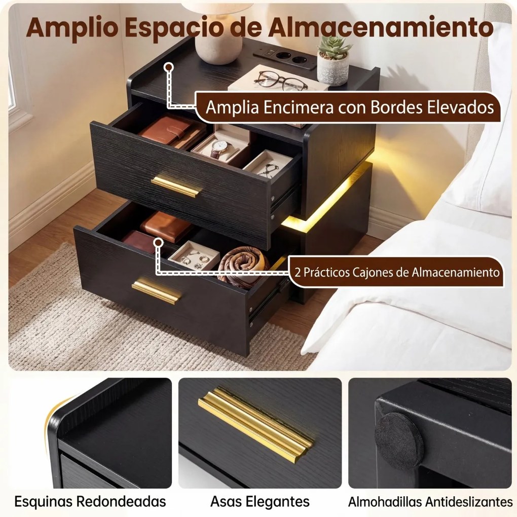 Conjunto de 2 mesas de cabeceira com estação de carregamento LED 45 x 40 x 48 cm, 2 gavetas, arrumação semi-suspensa e base metálica para sala ou quar
