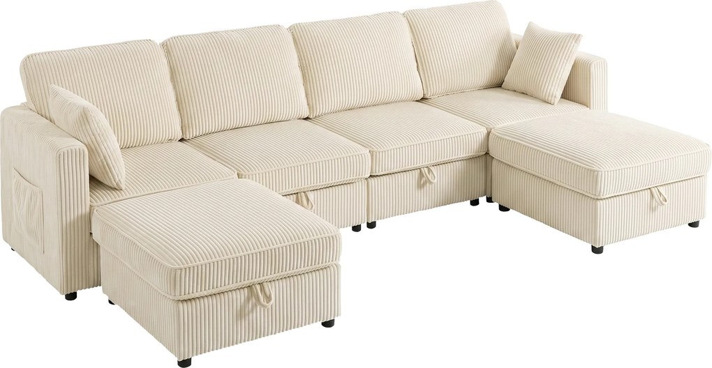 HOMCOM Sofá 4 Lugares com 2 Puffs com Armazenamento, Sofá de Canto Modular em U 306 cm em Veludo Cotelê, 4 Almofadas, Creme | Aosom Portugal
