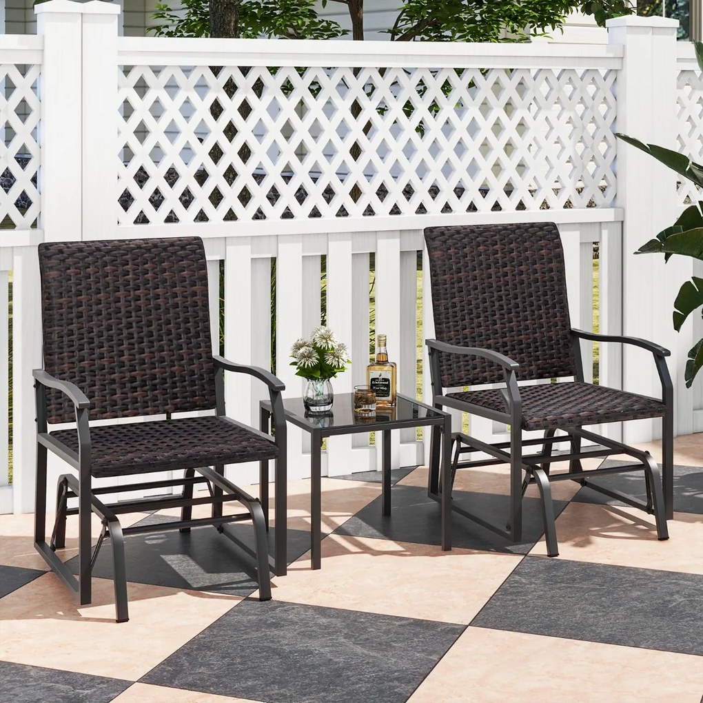 Conjunto de móveis baloiço jardim de vime de 3 peças com mesa de café de vidro temperado assento de vime assento de vime estrutura metálica móveis de