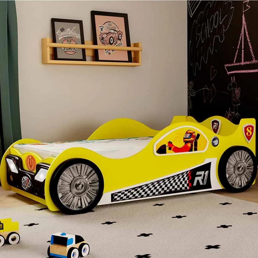 Cama para criança, Carro de Corrida Monza Grande Com Luzes LED, Oferta colchão e estrado 205 x 115 x 62 cm Amarela