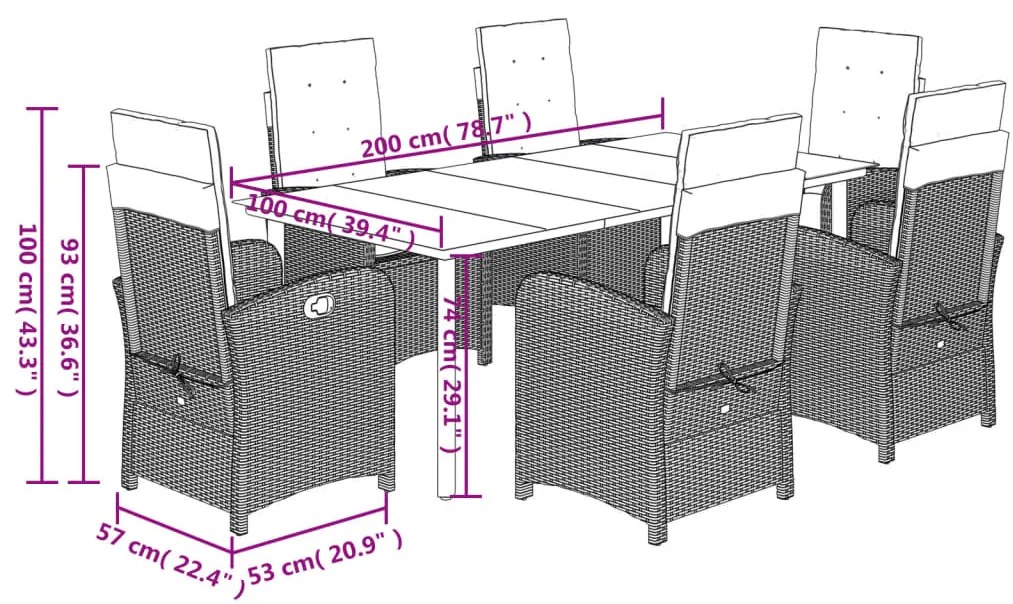 7 pcs conj. jantar jardim c/ almofadões vime PE bege misturado