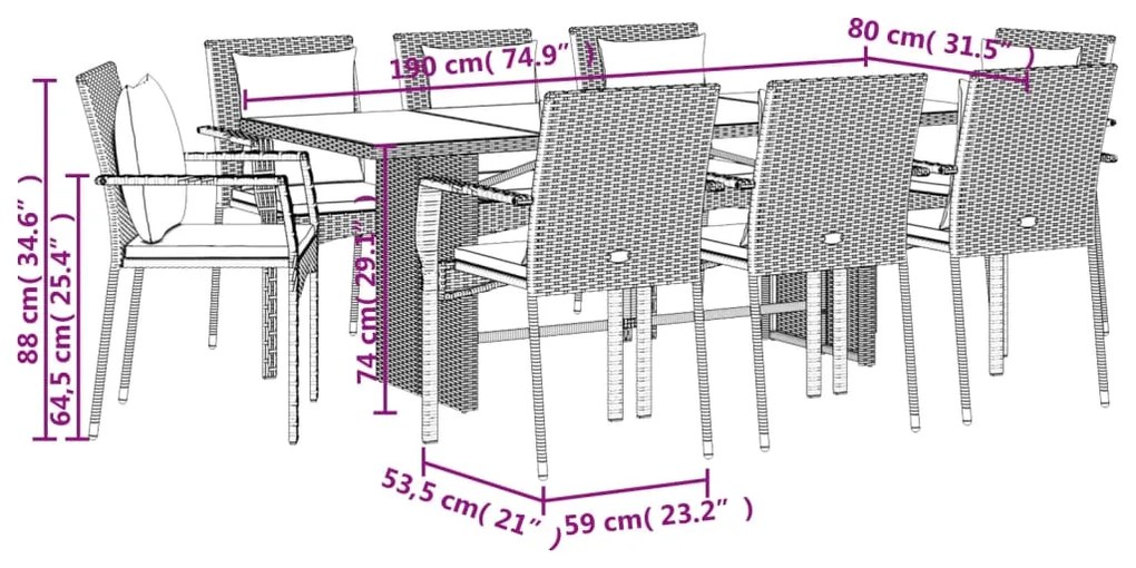 9 pcs conjunto de jantar p/ jardim c/ almofadões vime PE cinza