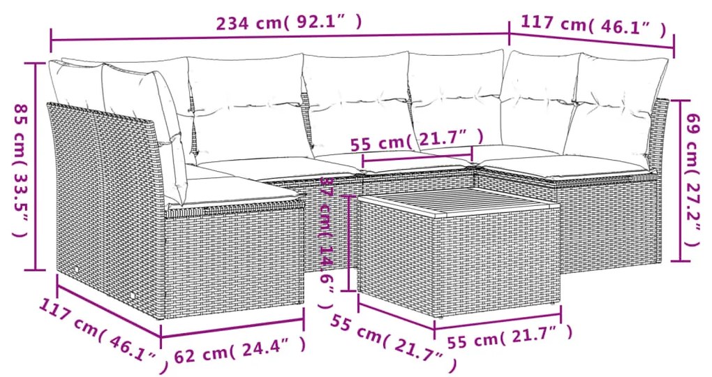 7 pcs conjunto de sofás p/ jardim com almofadões vime PE bege