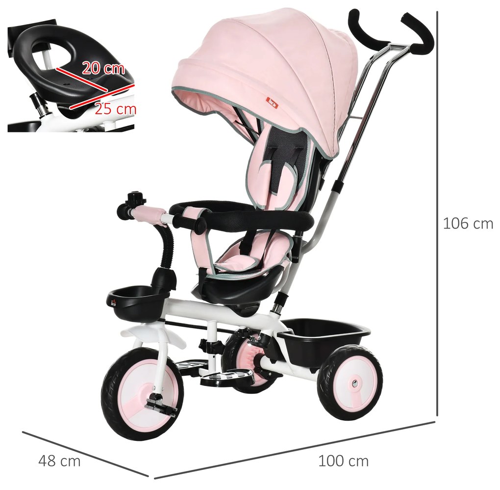 HOMCOM Triciclo para Bebé 2 em 1 Triciclo Evolutivo para Crianças de 1-5 Anos com Capô Dobrável Guiador Telescópico Grade de Proteção Removível e Apoio para os Pés 100x48x106cm Rosa