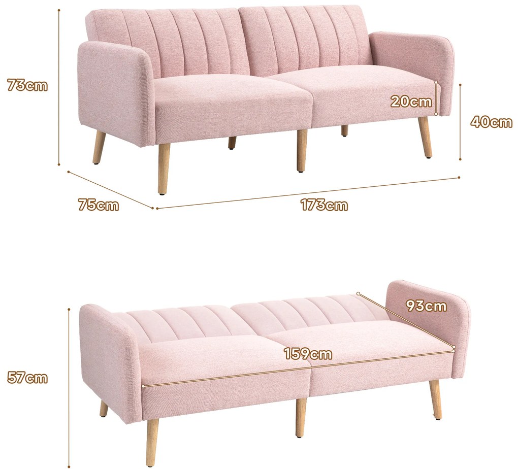 Sofá Cama de 2 Lugares com Encosto Ajustável em 3 Posições Apoio para os Braços e Pés de Madeira 173x75x73 cm Rosa