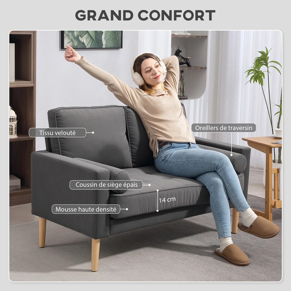 Sofá de 2 lugares moderno em veludo, com 127 cm, almofadas grossas, 2 travesseiros e assento estofado 127 x 73 x 85 cm cinzento
