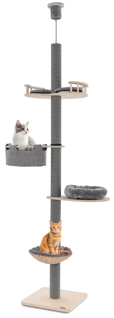 Torre arranhador de madeira para gatos de 5 níveis 236-271 cm com rede aconchegante Cesto Cama Cinzento