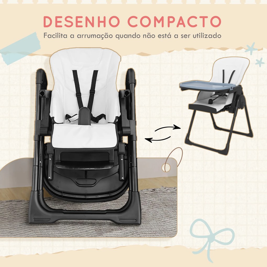 Cadeira de Refeição para Bebé Ajustável e Dobrável com Encosto Reclinável e Cinto de Segurança 70x53x107 cm Preto e Branco