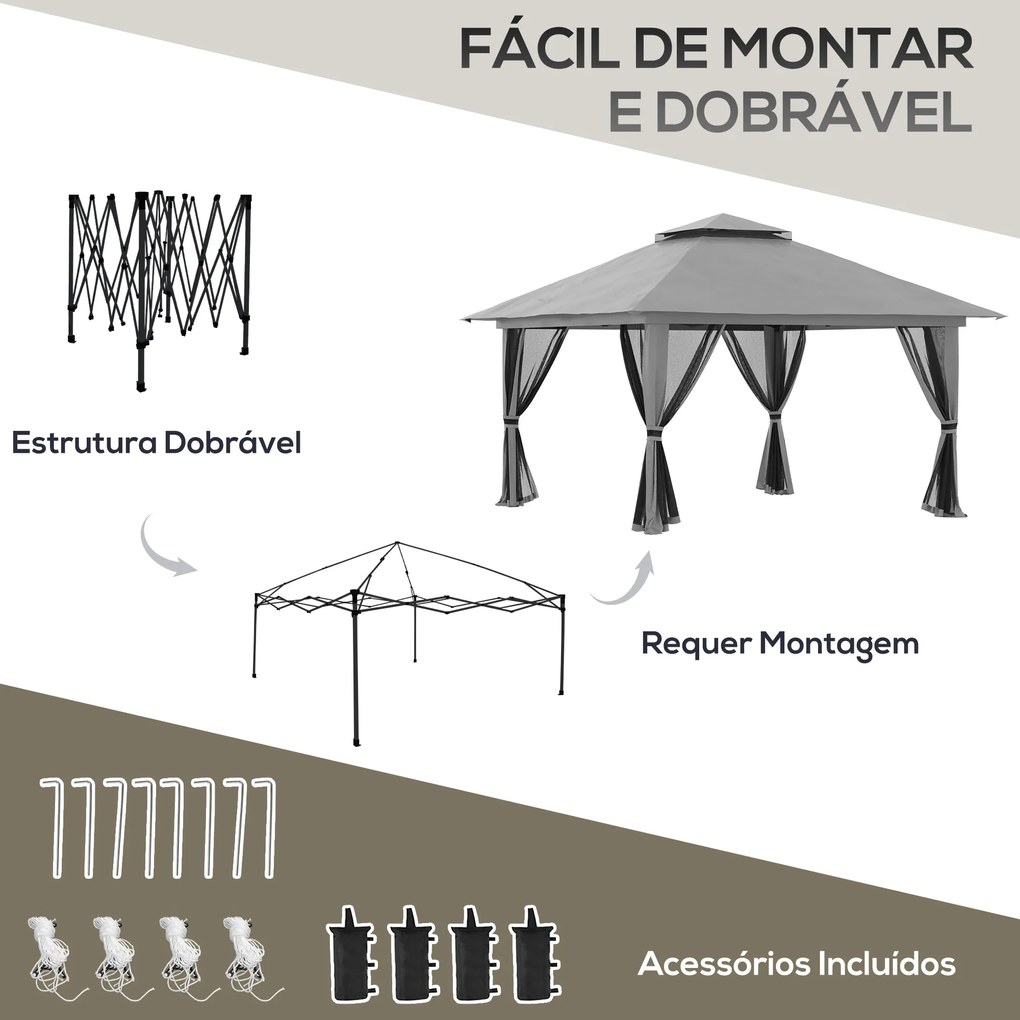 Tenda Dobrável Pop-UP 3,92x3,92x2,83 m com 4 x Sacos de areia e com Altura Ajustável Proteção UV50+ Rede Mosquiteira e Bolsa de Transporte Cinza