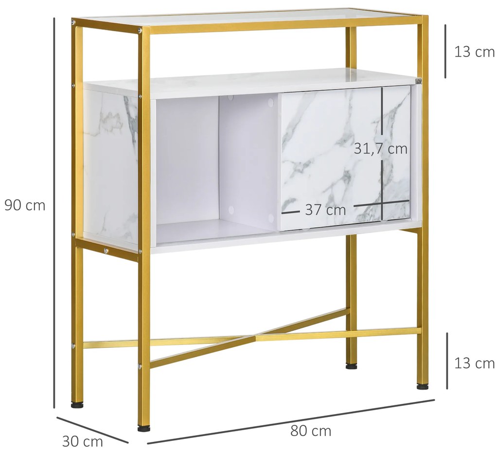 HOMCOM Mesa Consola Aparador de Entrada com Bancada de Vidro Temperado e Compartimento de Armazenamento Móvel de Entrada para Sala de Estar Estúdio 80x30x90cm Branco e Dourado