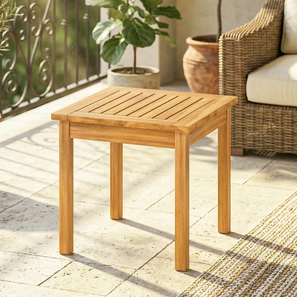 Mesa de jardim quadrada 48 x 48 x 46 cm em madeira maciça de acácia, com tampo de ripas, pés ajustáveis natural