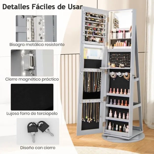 Armário giratório para joias 360° com espelho de corpo inteiro e luzes LED de 3 cores com fechadura Organizador de joias Cinzento