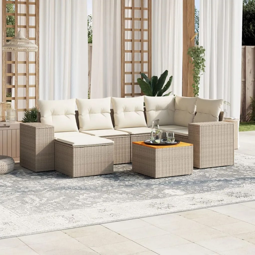 7 pcs conjunto de sofás p/ jardim com almofadões vime PE bege