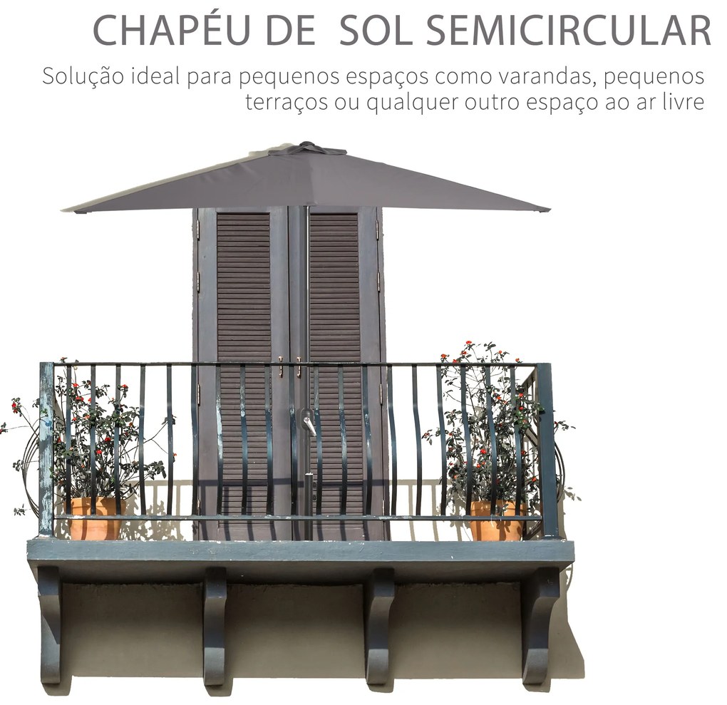 Outsunny Meia Chapéu de sol 230x130x245 cm Chapéu de sol para Parede Jardim com Manivela e Vara Metálica Ø38 mm Terraço Varanda Cinzento