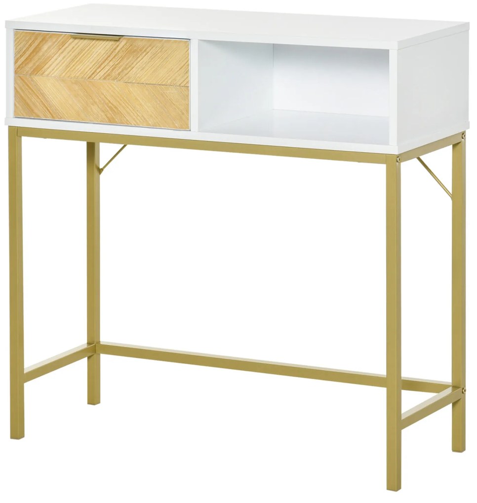 HOMCOM Mesa de console com gaveta e prateleira aberta Estilo moderno Móveis de Corredor para corredor Sala de estar 80x30x80,5 cm Ouro branco