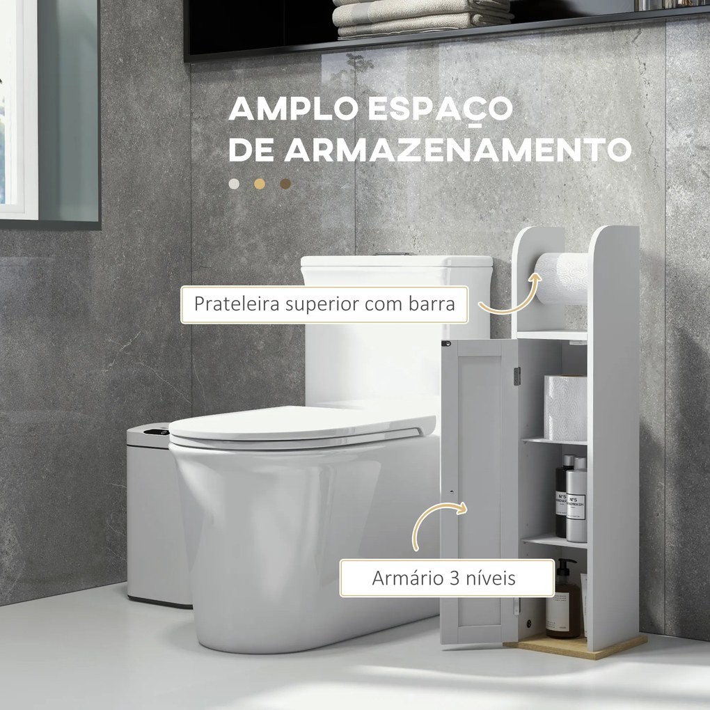 Armário Casa de Banho Armário com Prateleiras Ajustáveis e Suporte para Papel Higiénico 20x20x80 cm Branco