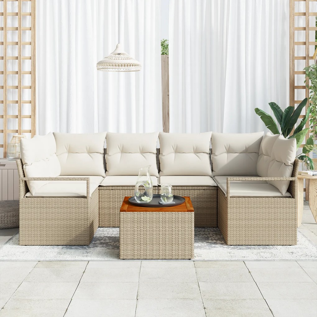 Conjunto de Sofá de Jardim vidaXL com Almofadas Bege Rattan Poliéster